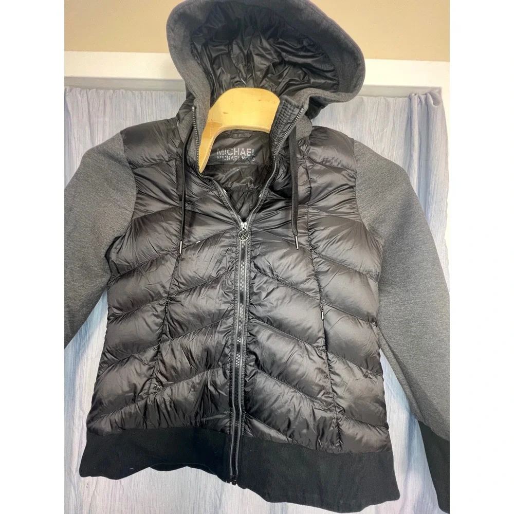 Michael Kors Womens Hybrid Puffer Jacket Black Gray Hooded‎ Thumbholes Large